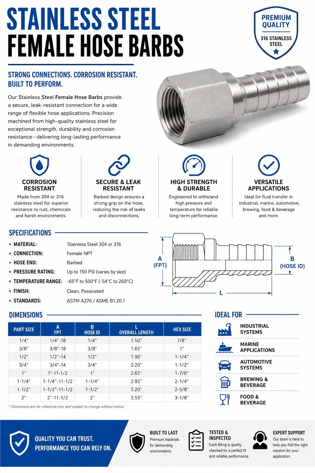 Stainless female hose barbs, Stainless Steel 304 hose barbs, Stainless Steel 316 hose barbs