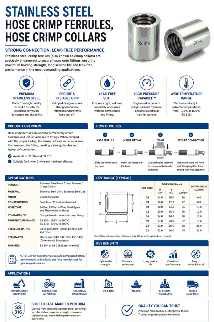 Stainless Steel Hose Crimp collars, Hose Crimp Ferrules of SS 316 and 304