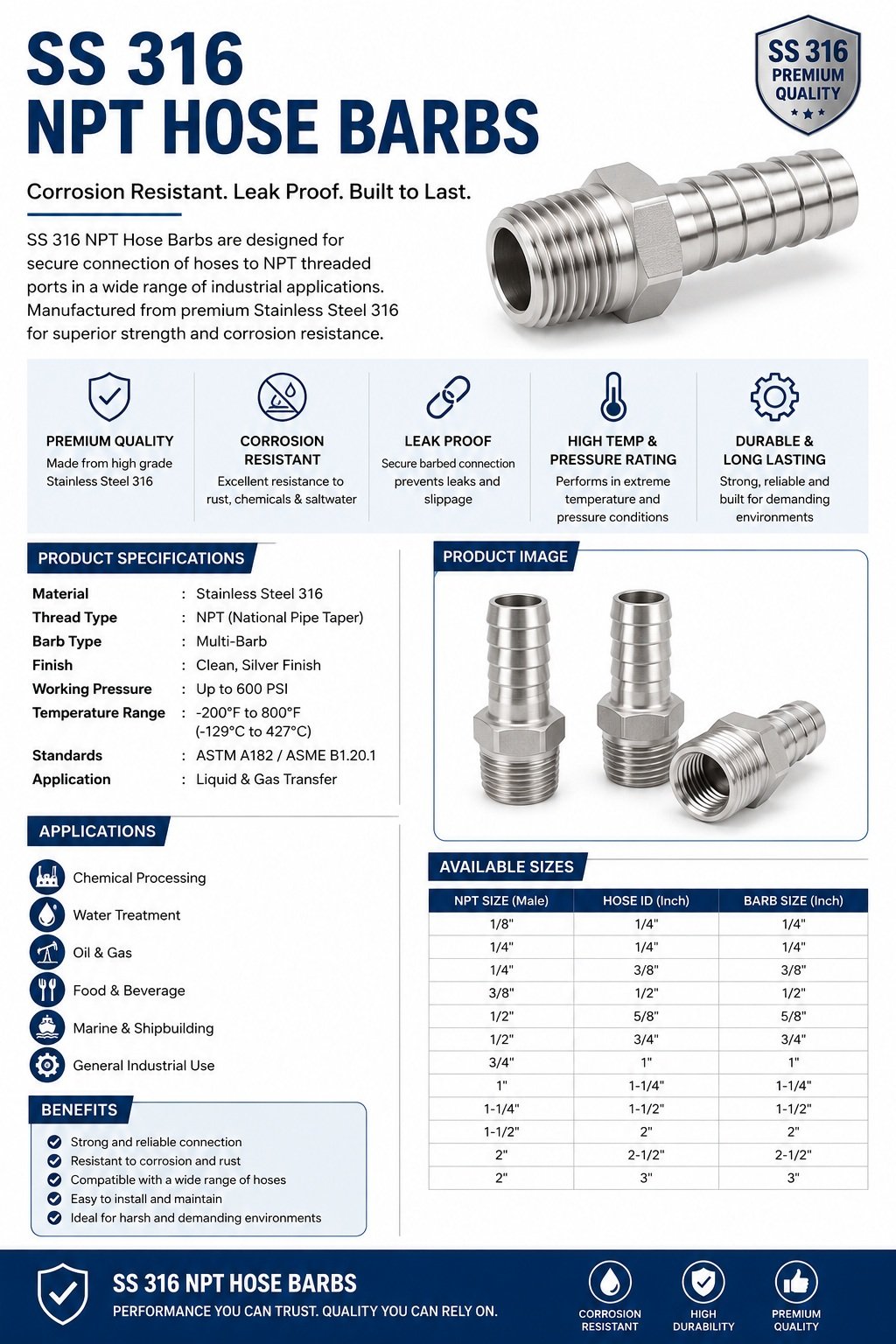 Stainless Steel NPT Hose Barbs manufacturing SS 304 SS 316